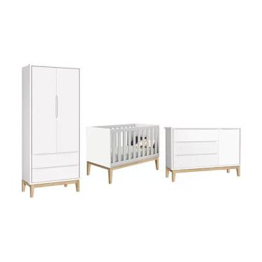 Imagem de Dormitório Classic 2 Portas E Cômoda Com Porta Branco Com Pés Madeira Natural Reller Móveis Branco