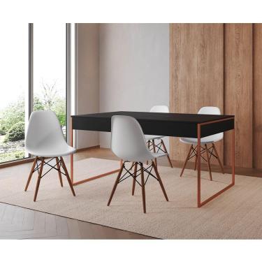 Imagem de Mesa Jantar Industrial Retangular Filadélfia Preta 137X90Cm Base Cobre Com 4 Cadeiras Brancas Eiffel