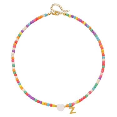 Imagem de Gargantilha feminina com contas de ouro 18 quilates - pingente de letra colorida de aço inoxidável impermeável - joia com pingente de alfabeto personalizado - Presente personalizado delicado para