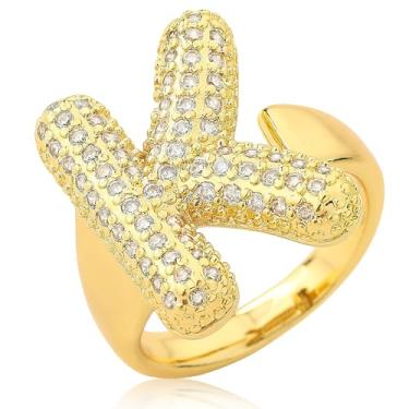 Imagem de Anel com inicial para mulheres, anel de ouro 14 quilates para mulheres, anel de letras grossas, sem manchas ajustável, letra mindinha, zircônia cúbica, anéis empilháveis, joias personalizadas