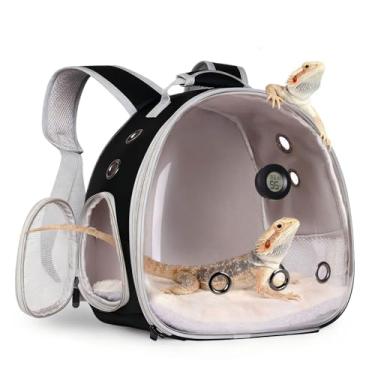 Imagem de Mochila de viagem de dragão barbudo com termômetro de réptil e medidor de umidade lagarto gaiola de viagem cápsula espacial transparente bolha janela astronauta bolsa de transporte de répteis para