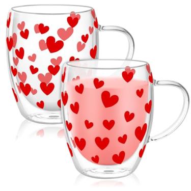 Imagem de JarThenaAMCS Canecas de café de vidro de parede dupla para Dia dos Namorados Copos isolados 340 g Copos de café expresso com coração vermelho transparente com alça para suprimentos de férias em casa