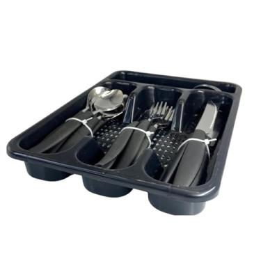 Imagem de Jogo de Talheres 25 Peças, Faqueiro em Aço Inox com Porta Talheres, Colheres, Garfos e Facas, Cabo Preto Ergonômico, para 6 Pessoas, Mesa e Sobremesa