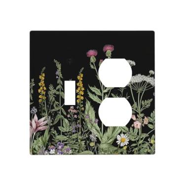 Imagem de SgEdao Capas decorativas florais vintage com cardo, margarida e folhas verdes sálvia, placa de parede de 2 gangues, conjunto de interruptores de luz duplex, capa de interruptor para cozinha, decoração