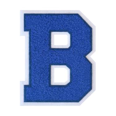 Imagem de 1 peça de patch de letra de chenille azul de 11,4 cm com borda branca – adesivos do alfabeto para roupas, jaquetas, mochilas, chapéus para decoração personalizada, nome personalizado e artesanato. (B)