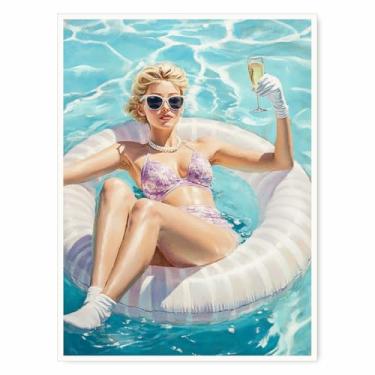 Imagem de Arte de parede Woman in Inner Tube – Impressão pastel de verão à beira da piscina, arte de parede de casa de praia rosa ou casa do lago, download digital feminino - 28 x 35 cm pronto para pendurar