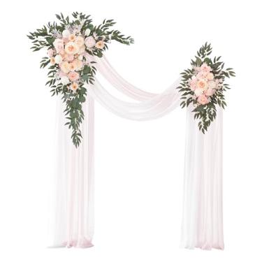 Imagem de Angela flower Kit de flores de arco de luxo com cortinas, pacote com 4, 2 peças de arranjo de flores de seda champanhe e rosa, 2 peças de cortinas de chiffon para decoração de festa de acampamento ao