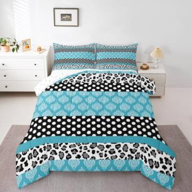 Imagem de Feelyou Conjunto de cama de leopardo azul-petróleo macio para meninos e meninas, conjunto de edredom Queen Size com estampa animal, microfibra damasco, decoração de quarto, 3 peças com 2 fronhas