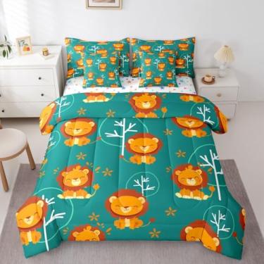 Imagem de Feelyou Conjunto de edredom de animais de zoológico, 7 peças, solteiro, com estampa de leão fofo em uma bolsa, para crianças, meninos, meninas, verde, selva, animal, decoração de quarto, respirável