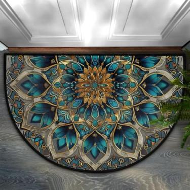 Imagem de Tapete de porta meio redondo, estilo mandala, flor, azul, antiderrapante, absorvente, semicírculo, tapetes laváveis, para ambientes internos e externos, pátio, cozinha, banheiro, entrada, lareira