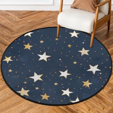 Imagem de Tapete redondo de 1,8 m estrelas, branco, azul, fofo, macio, redondo, antiderrapante, lavável, tapete circular para quarto, berçário, sala de estar, cozinha, banheiro, entrada, decoração de casa