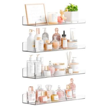 Imagem de Yieach Pacote com 4 prateleiras de acrílico de 38 cm para parede, banheiro, quarto - com adesivo - prateleiras flutuantes transparentes sem perfuração para Funko Pop, Lego, bonecos de ação, esmalte de