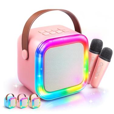 Imagem de Mini Karaokê Infantil Portátil com 2 Microfones, Com Modos de Voz Divertidos, LED RGB e Bluetooth 5.3