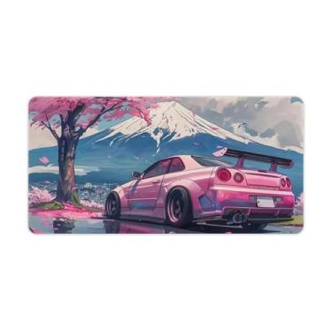 Imagem de HouLaiZhe JDM R34 rosa com flores de cerejeira e montagem Fuji Gaming Mouse Pads JDM Car Desk Pads Grandes Mousepads para teclado desktop computador Mat30x60 cm