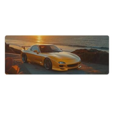 Imagem de HouLaiZhe Tapete de rato amarelo JDM Rx7 retro pôr do sol grande para jogos tapete de mesa base de borracha antiderrapante acessórios para computador portátil suprimentos bloco de escrita para