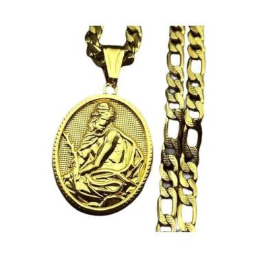 Imagem de Colar Masculino Em Aço Inoxidável Cor Dourada Medalha Crucifixo Coroa 