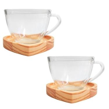 Imagem de Jogo Xícaras Café Chá com Pires Madeira Coração Rosa Presente Criativo Mesa Posta Cantinho do Café (2 Xícaras Chá Lisas + Pires Co)