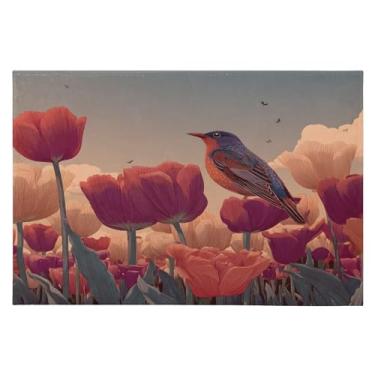Imagem de Tapete de área 60 x 90 cm macio lavável tapete antiderrapante com fundo de borracha pássaro em tulipas tapetes de área para sala de estar, quarto, decoração de casa