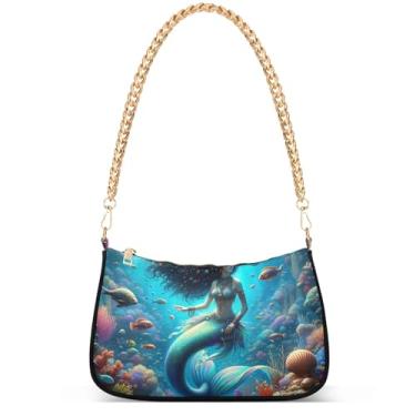 Imagem de Fantasia sereia sob o mar sacola Hobo bolsa feminina vintage bolsa de mão corrente pequena bolsa de ombro, Fantasia sereia sob o mar