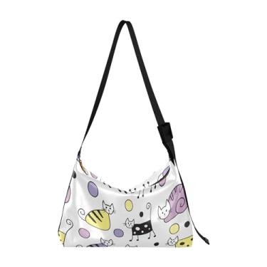 Imagem de Bolsas Hobo de couro de pata de gato fofas para mulheres bolsa transversal masculina padrão bolsa de ombro com estampa animal, Desenho de gato fofo roxo e branco