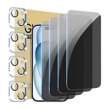 Imagem de Pacote com 4 protetores de tela de privacidade para iPhone 15 Plus de 6,7 polegadas com 4 protetores de lente de câmera, película de vidro temperado antiespião, antiarranhões, sensível ao toque