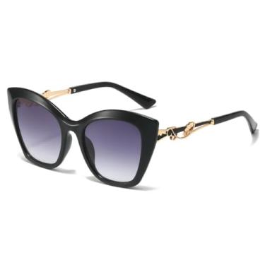 Imagem de Óculos de Sol Vintage Elegantes Femininos com Hastes em Metal Vazado, Estilo Olho de Gato Retrô, Proteção UV400, Armação Grande para Viagem (Preto e Cinza)