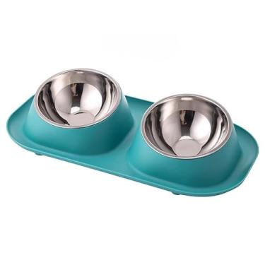 Imagem de Comedouro e bebedouro 2 em 1 inox Duplo para bicho de estimação cachorro ou gatos C/antiderrapante - 40 * 23 * 8cm, Ideal para Casa Brasileira(Verde)