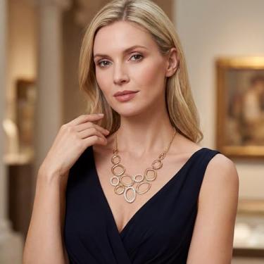 Imagem de Colar feminino grande de cristal, colar com pingente de vários anéis de corrente longa, banhado a ouro 14K, vestido de noite com vários círculos para mulheres