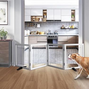 Imagem de Cerca interna para cães – Portão independente para cães com 4 painéis para portas, corredores, casa ou escadas - 203 x 61 cm retrátil e expansível para animais de estimação de madeira da SFJC (cinza)