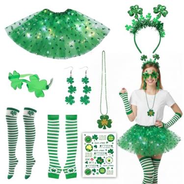 Imagem de JFBNXB Roupas femininas do Dia de São Patrício, conjunto de fantasia de duende de 8 peças com tutu de 40 cm, faixa de cabeça, mangas, brincos, colar, óculos, meias, adesivos, perfeitos para festas do