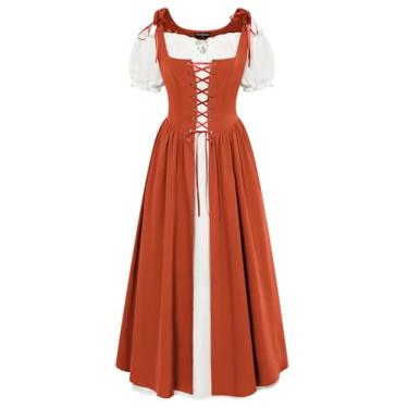 Imagem de Scarlet Darkness Vestido de verão renascentista feminino camponês medieval fantasia de pirata Viking Ren Faire vestidos com bolsos laranja 2GG