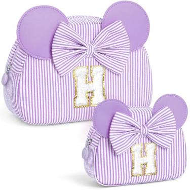 Imagem de QLOVEA Presentes de Natal para netos, bolsa de cosméticos inicial, bolsa de maquiagem de viagem, presentes de aniversário personalizados para crianças, Roxa, H