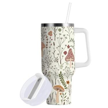 Imagem de Copo de 850 g com canudo e alça - Copos 2 em 1 à prova de vazamento - Copo grande de aço inoxidável isolado - Garrafa de água sem BPA Caneca de metal de viagem para mulheres e homens, cogumelos