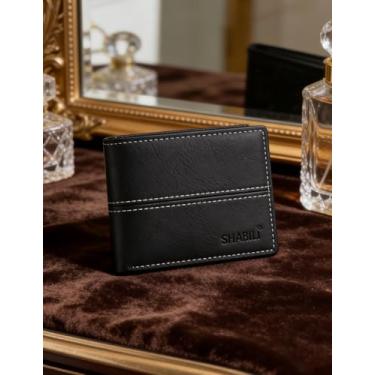 Imagem de Carteira curta masculina dobrável de couro, dobrável fina com vários bolsos para cartão (preto)