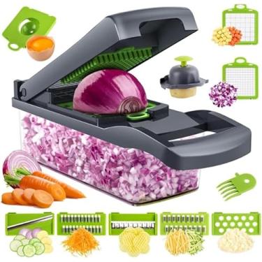 Imagem de Cortador de Alimentos Multifuncional 14 em 1, Fatiador e Ralador de Legumes com Recipiente, 8 Lâminas Intercambiáveis