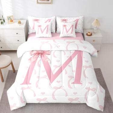 Imagem de Manfei Conjunto de cama solteiro de 7 peças, estampa kawaii, gravata borboleta e letra M, lindo desenho animado em uma bolsa com edredom, lençóis e fronhas, decoração de quarto de princesa infantil