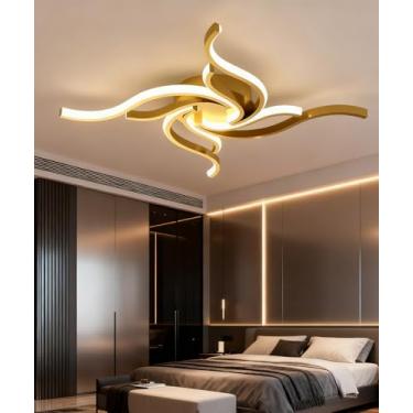 Imagem de Luminária de teto LED moderna e regulável, em acrílico, com design criativo em formato de flor, lustre de teto embutido com controle remoto, luminária dourada para sala de estar (dourada, 4