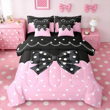 Imagem de Feelyou Conjunto de edredom com laço rosa, 7 peças, solteiro, de bolinhas, para crianças, meninos, meninas, decoração de quarto, respirável, macio e leve