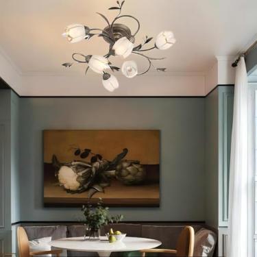 Imagem de Luminária de teto retrô em formato de flor, estilo campestre, em bronze antigo com cúpula de vidro fosco, lustre Sputnik antigo, ideal para cozinha, quarto e sala de estar.