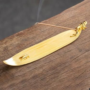 Imagem de Suporte de incenso de folha de bambu dourado 23 cm com 3 furos, apanhador de cinzas para meditação e decoração de casa