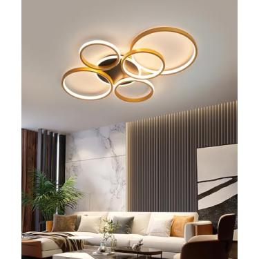 Imagem de Luminária de teto LED moderna e regulável para sala de estar, com controle remoto, formato redondo, ideal para quarto, sala de jantar e escritório. Multifuncional, nas cores preto e dourado.