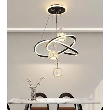 Imagem de Lustre moderno para sala de jantar, 40-50 cm, LED com cristal, dimerizável, equipado com controle remoto, 100 W, luminária suspensa para teto com altura ajustável, ideal para quartos (preto,