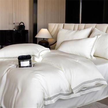 Imagem de Jogo de cama de verão em fibra natural, macio, sedoso e com toque fresco, com bordas largas, incluindo capa de edredom, lençol e fronhas, 4 peças, tamanho casal.