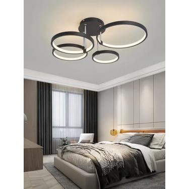 Imagem de Luminária de teto LED regulável, moderna, para interiores, com design redondo em metal, ideal para sala de estar, quarto e sala de jantar. Possui controle remoto e é perfeita para decoração.