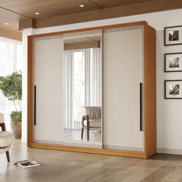 Imagem de Guarda Roupa Roupeiro 3 portas de correr 4 gavetas com Espelho Valência Freijó Creme Politorno Móveis