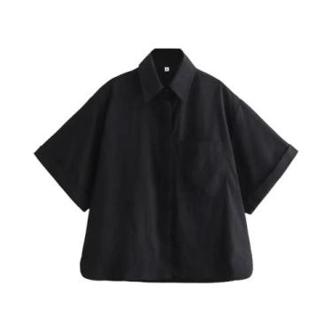 Imagem de Camisa Feminina De Manga Curta Com Gola Polo Em Cor Sólida E Bolso Mod