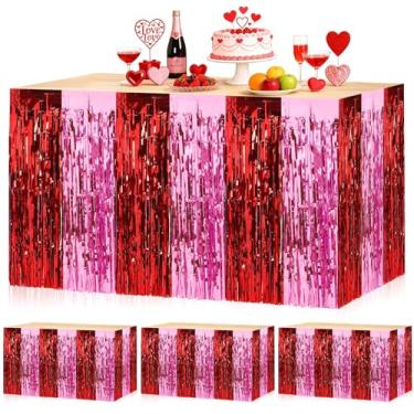 Imagem de DTOFOOT Saias de mesa com franja rosa vermelha, pacote com 4 274 x 76 cm, capa de mesa festiva de tinsel para escritório, mesa de sobremesa e eventos de dança, decorações de festa do dia dos namorados