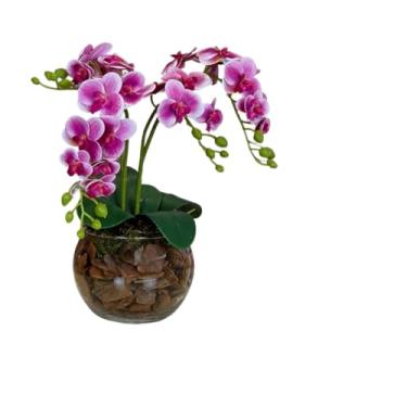 Imagem de Arranjo de Orquídea Artificial 3D 4 Hastes com Vaso de Vidro Transparente | Planta Decorativa Sala e Escritório(Roxo)