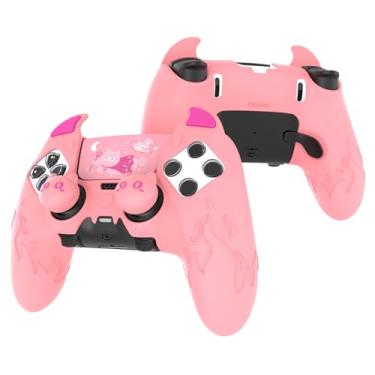 Imagem de PlayVital Capa para controle de PS5 Edge | Capa de silicone rosa demônio com adesivo touchpad e tampas de aperto de polegar | Acessórios de capa protetora fofa