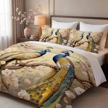 Imagem de CCoutueChen Conjunto de edredom de pavão, 2 peças, retrô, flor amarela, macio, para meninas e crianças, conjunto de colcha de microfibra quente com 1 fronha/68 x 86